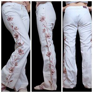 Y2K White Flare‎ Jeans Pants Pink Embroidered Flowers Sz 6 Thin Stretch Retro